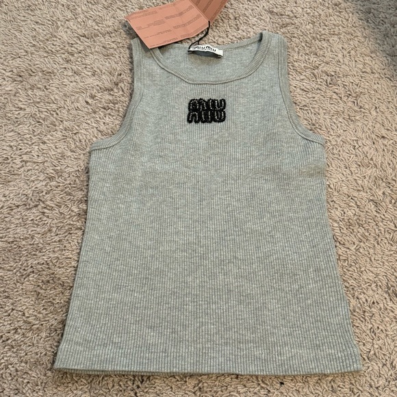 Tops - Beaded Logo Ribbed High Neck Tank Gray Medium